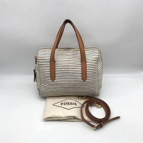 Fossil Black And White Coated Canvas Striped Convertible Sydney Satchel - Picture 10 of 11